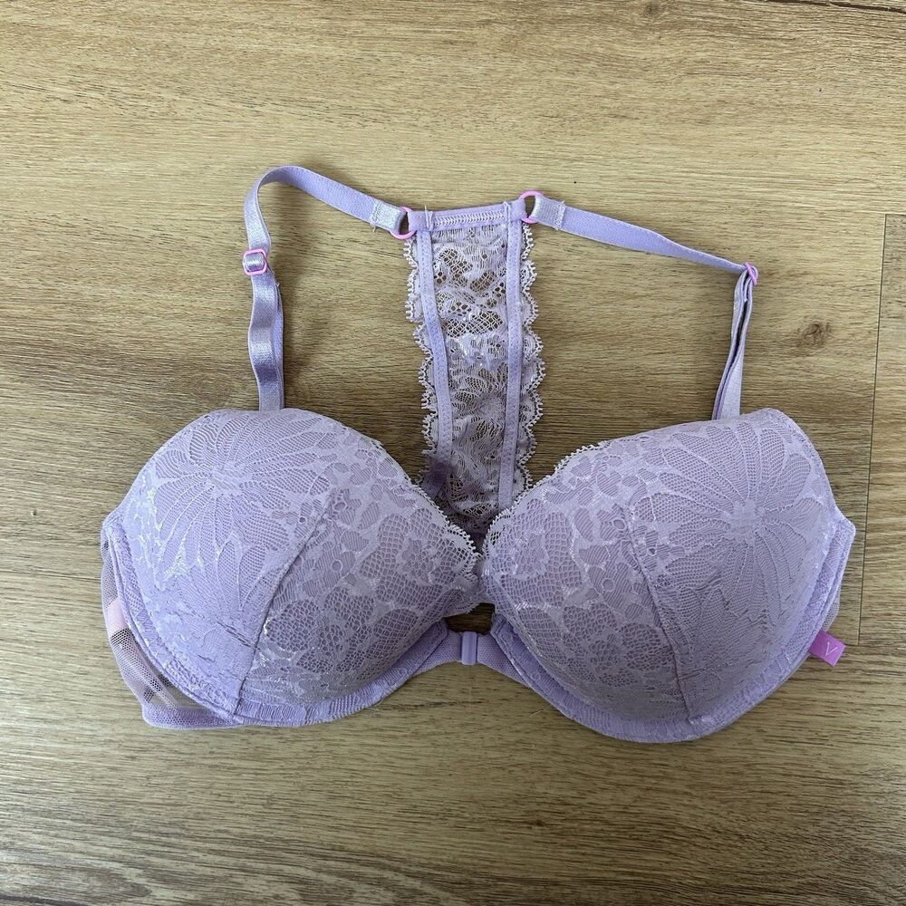 VICTORIA SECRET Purple Floral Lace Underwire Front Clasp Push Up Bra 34C NWT